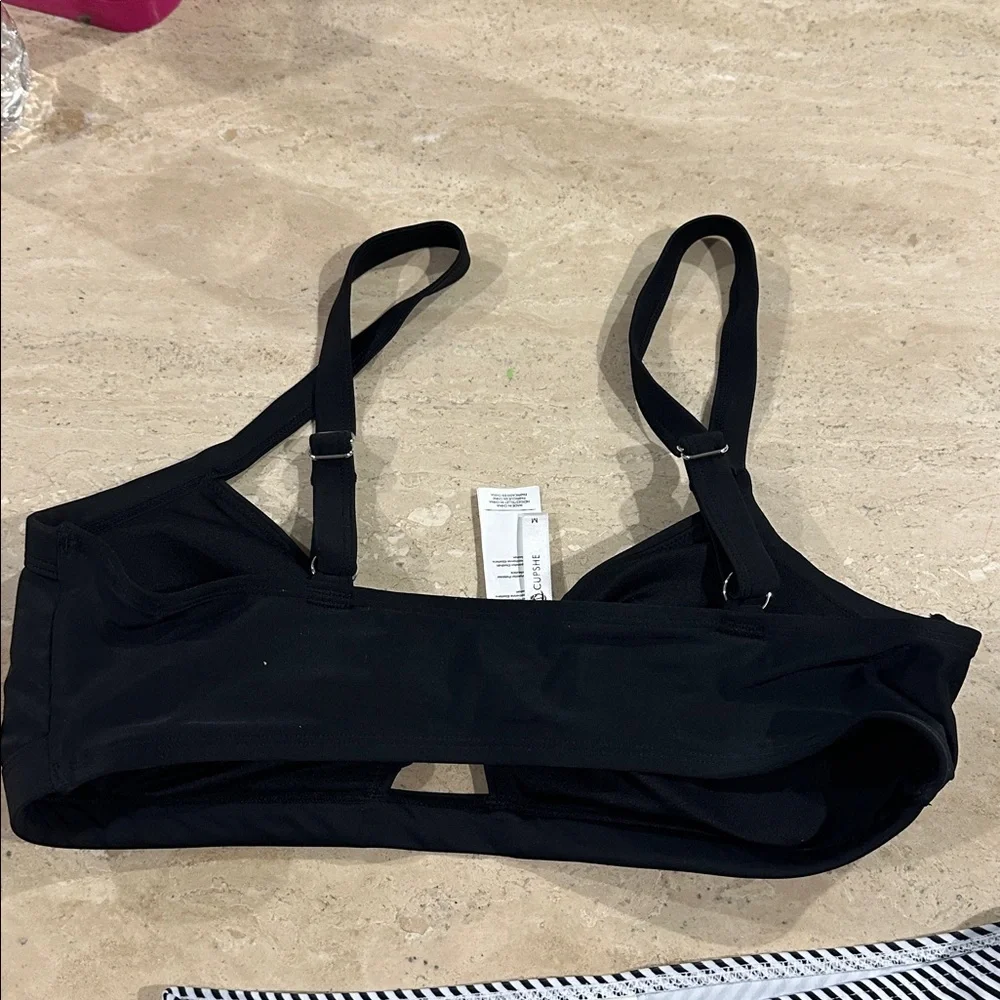 Women Two Piece Bikini Set High Waisted Stripe Bottom Black Top Swimsuit NWT M